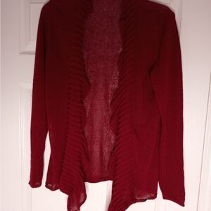 Eileen Fisher M LinenBlend Sweater CardiganBurgundy WaterfallRuffleLooseKnitOpen